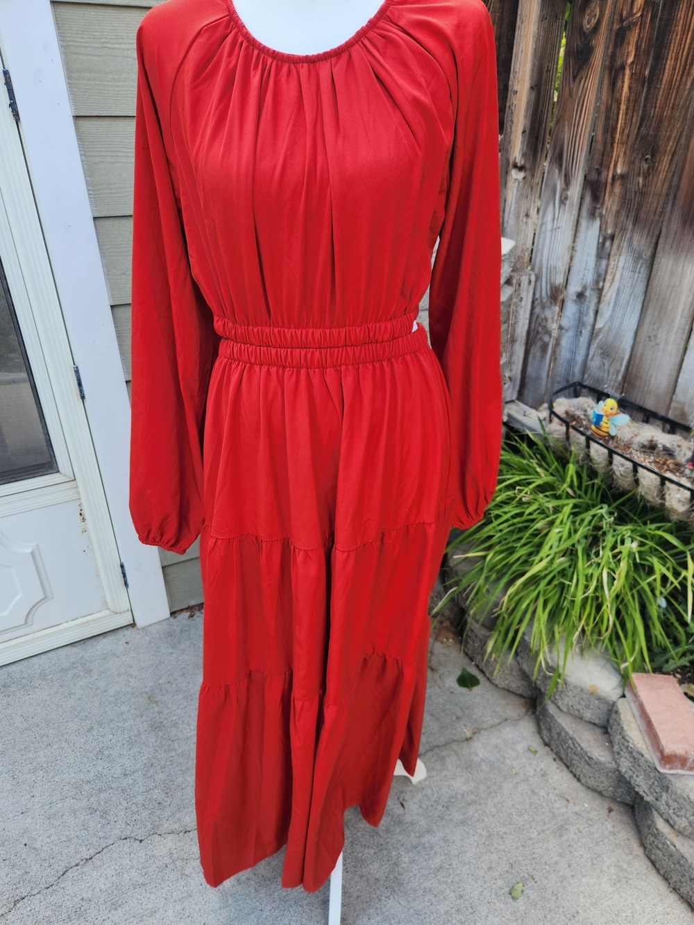 She + Sky Vibrant Red Long Sleeve Tiered Maxi Dress